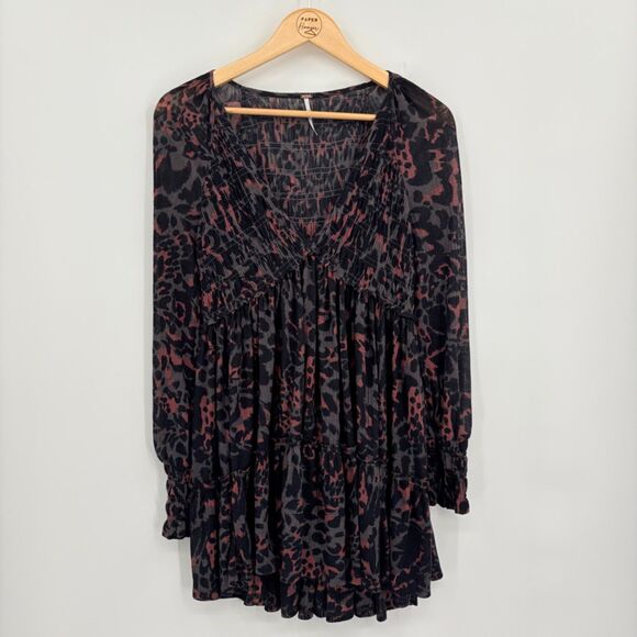 Free People Dark Romance Babydoll Tunic in Dark Combo, Sz XS, Boho Leopard Print - Picture 2 of 11